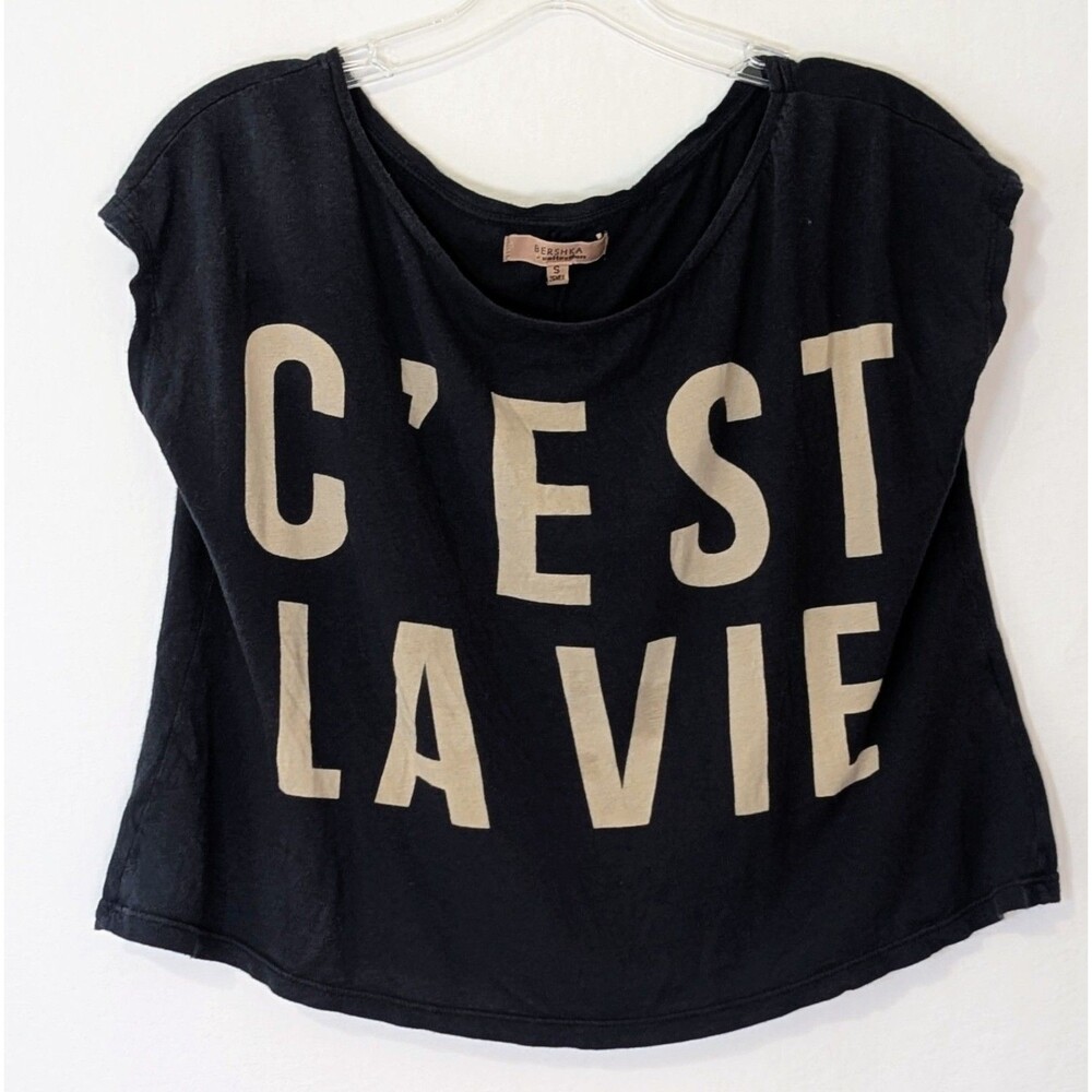 Bershka C'est La Vie Boxy Crop Top Oversized Graphic Tee Black Small